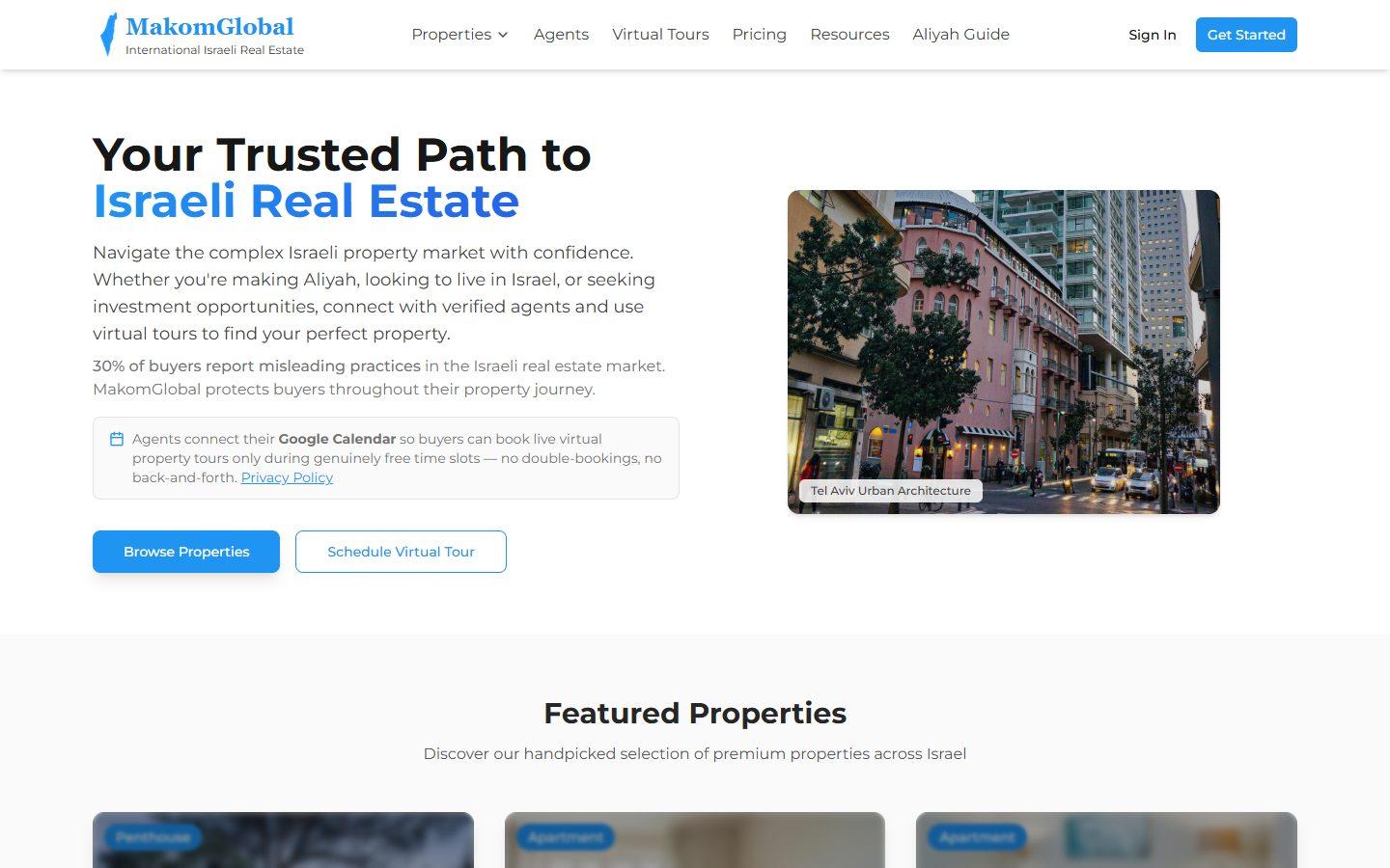 MakomGlobal homepage: Your Trusted Path to Israeli Real Estate, with browse and virtual tour buttons