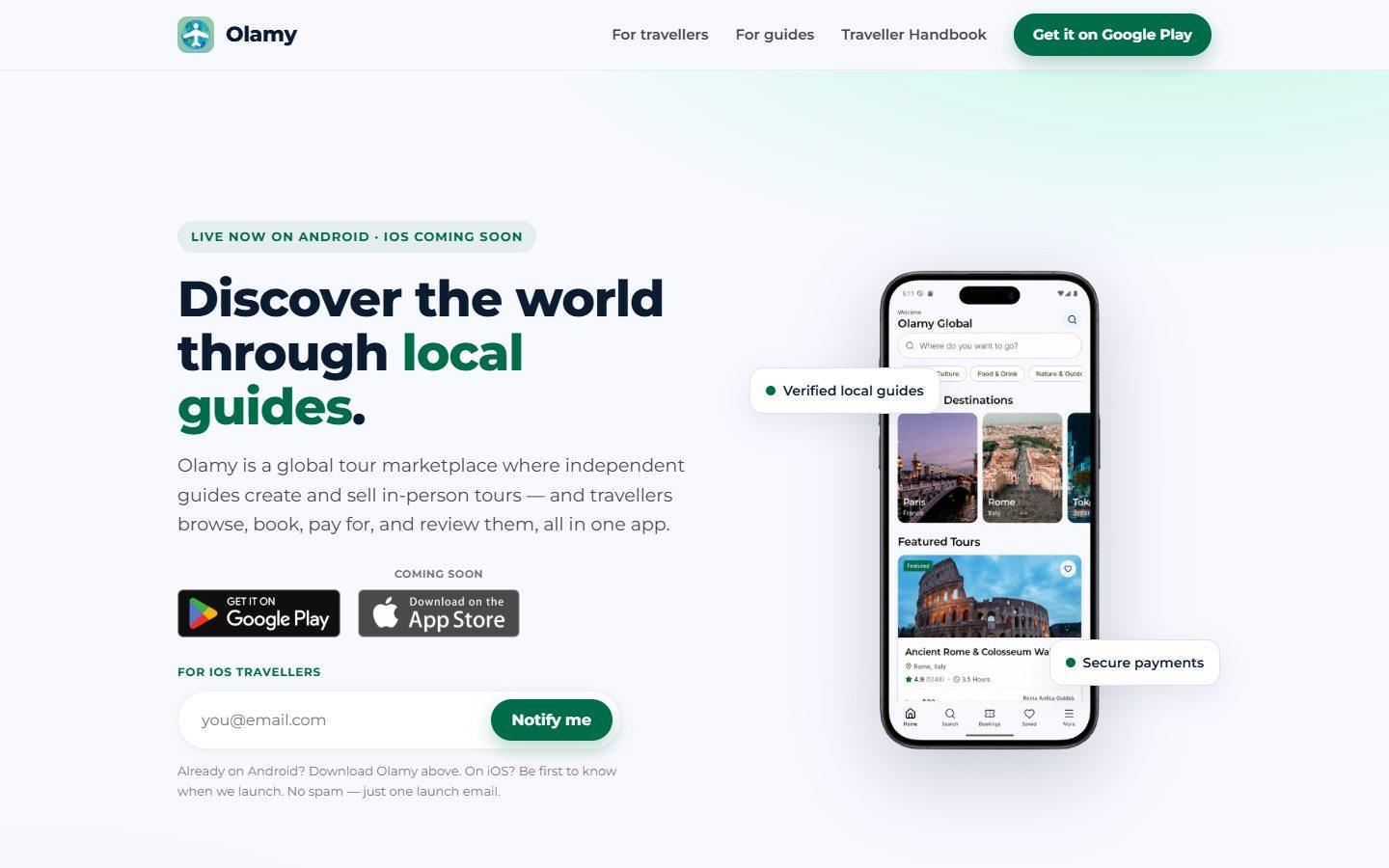 Olamy website: Discover the world through local guides, with the app shown on a phone